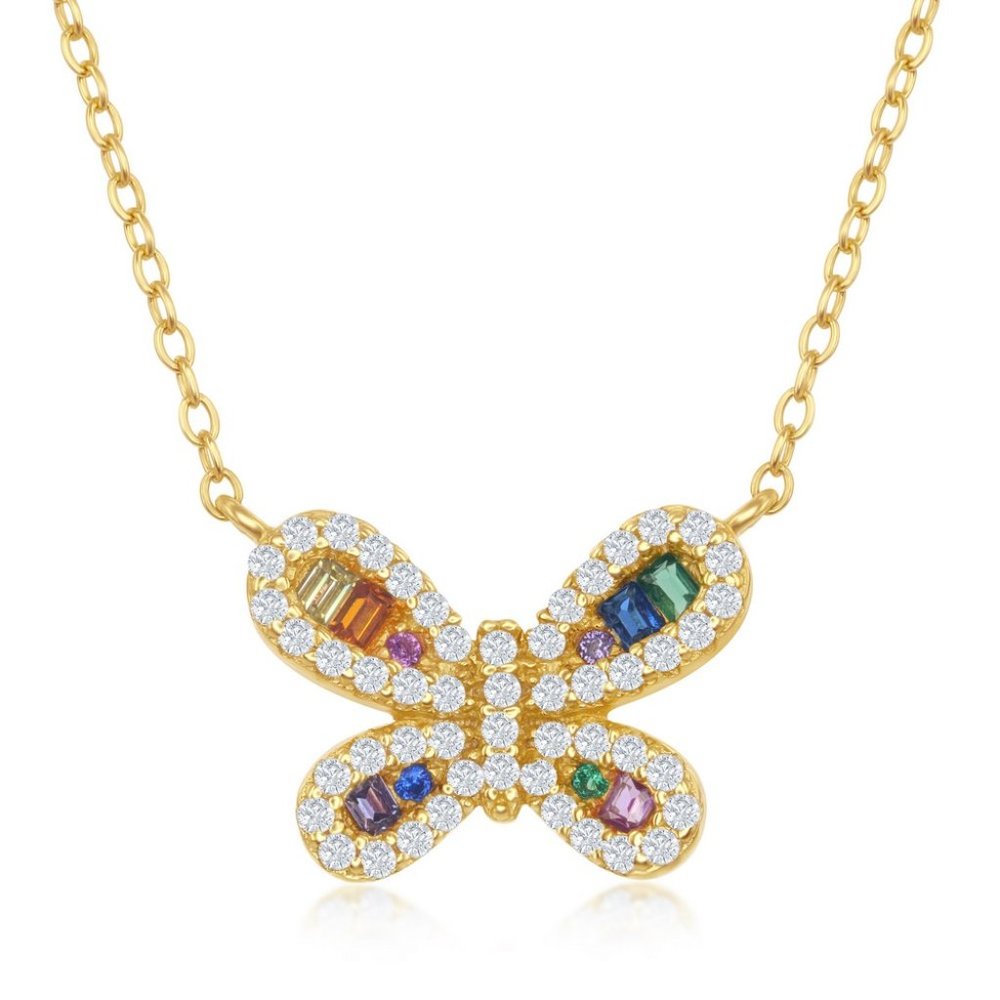 14kt GP Silver Rainbow CZ Butterfly Necklace